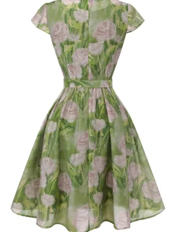 New Retro Stage 1960s Oil-Painting Rose Dress Green