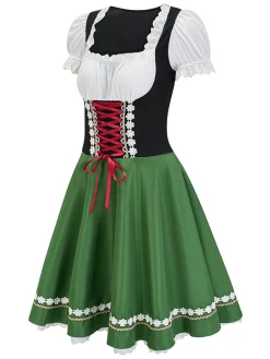 New Retro Stage 1950s Oktoberfest Puff Sleeves Patchwork Dress Green
