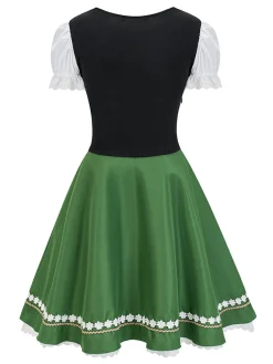 New Retro Stage 1950s Oktoberfest Puff Sleeves Patchwork Dress Green
