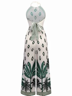 Hot Retro Stage 1930s Palm Trees Halter Jumpsuit Green