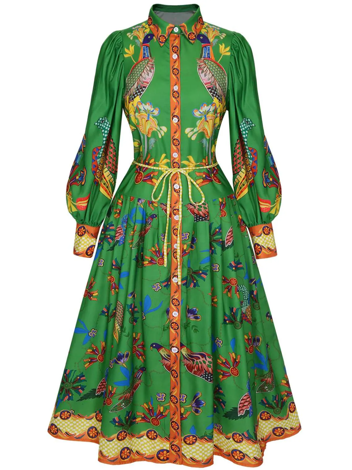 Outlet Retro Stage 1940s Peacock Lantern Sleeve Shirt Dress Green