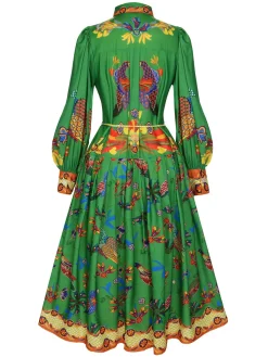 Outlet Retro Stage 1940s Peacock Lantern Sleeve Shirt Dress Green