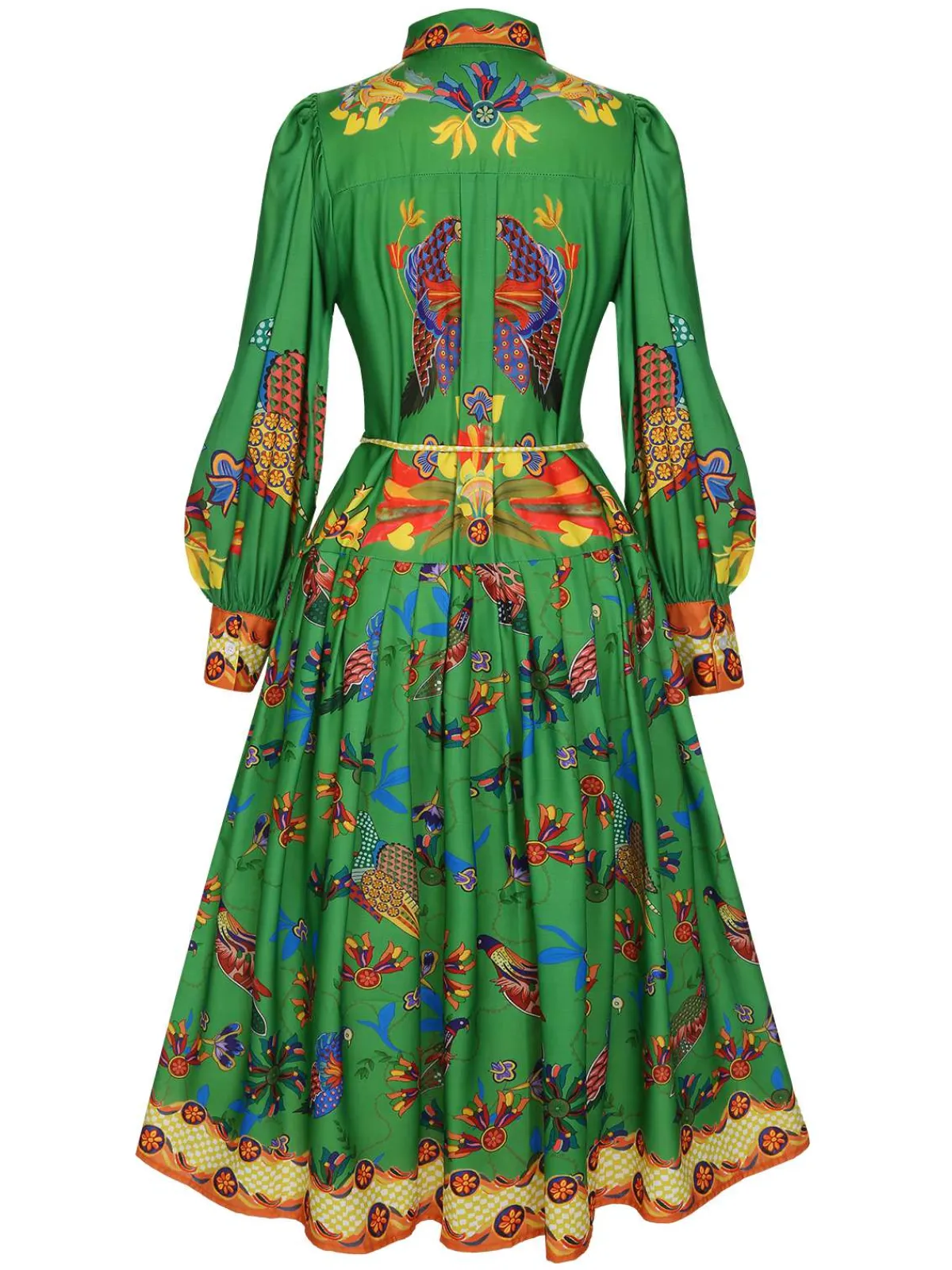 Outlet Retro Stage 1940s Peacock Lantern Sleeve Shirt Dress Green