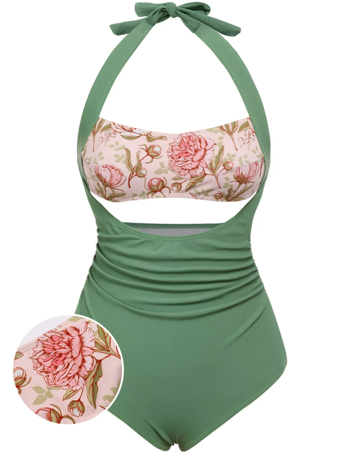 Online Retro Stage 1930s Peony Halter One-Piece Swimsuit Green