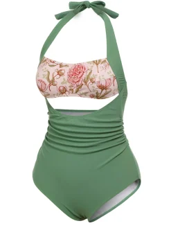 Online Retro Stage 1930s Peony Halter One-Piece Swimsuit Green