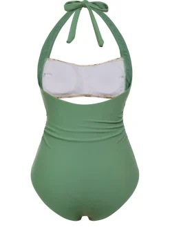 Online Retro Stage 1930s Peony Halter One-Piece Swimsuit Green