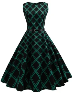 New Retro Stage 1950s Plaid Belted Swing Dress Green