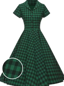 New Retro Stage 1950s Plaid Button Swing Dress Green