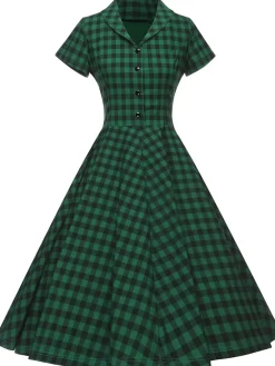 New Retro Stage 1950s Plaid Button Swing Dress Green