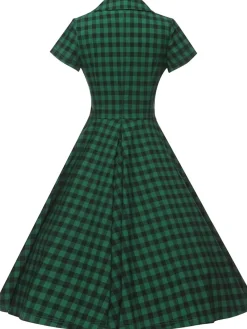 New Retro Stage 1950s Plaid Button Swing Dress Green