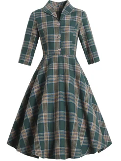 New Retro Stage 1950s Plaid Button Swing Dress Green