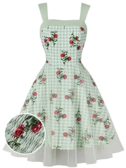Discount Retro Stage 1950s Plaid Floral Mesh Patchwork Dress Green