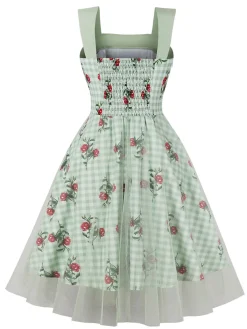 Discount Retro Stage 1950s Plaid Floral Mesh Patchwork Dress Green