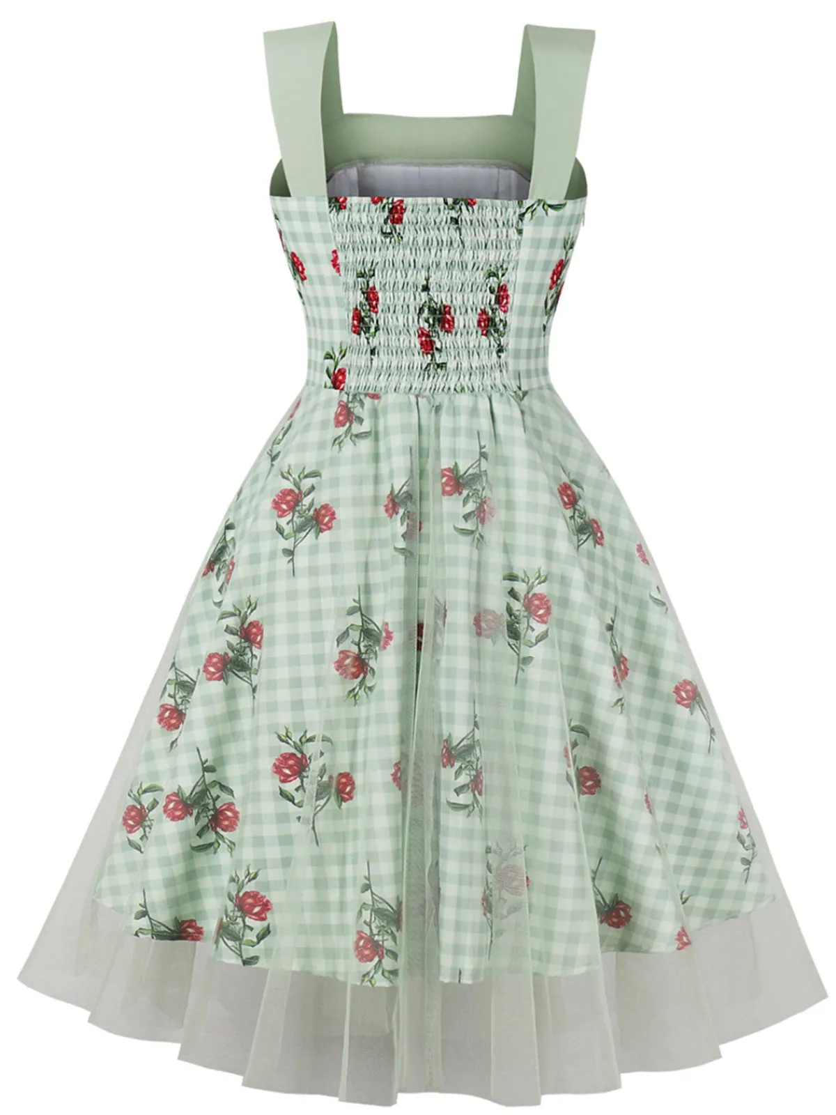 Discount Retro Stage 1950s Plaid Floral Mesh Patchwork Dress Green