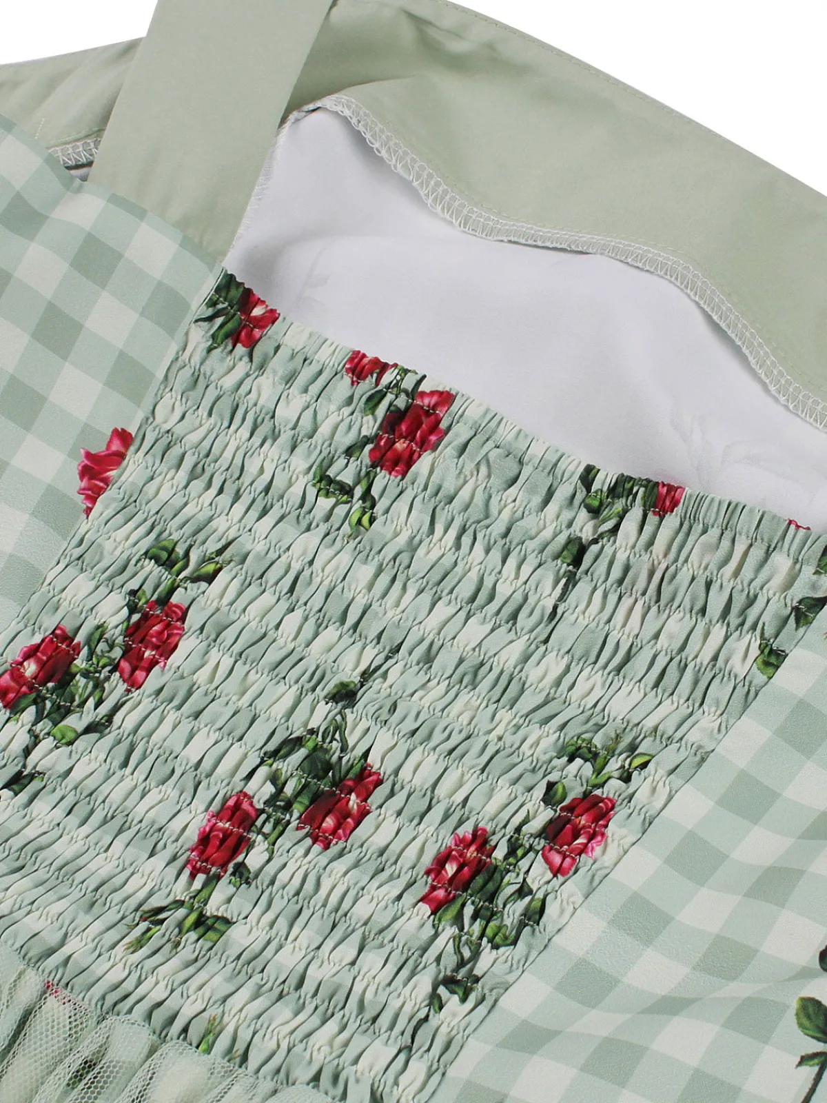 Discount Retro Stage 1950s Plaid Floral Mesh Patchwork Dress Green