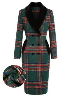 Hot Retro Stage 1960s Plaid Fur Collar Pencil Coat Green