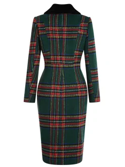 Hot Retro Stage 1960s Plaid Fur Collar Pencil Coat Green