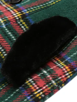 Hot Retro Stage 1960s Plaid Fur Collar Pencil Coat Green