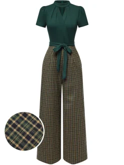 Hot Retro Stage Green 1930s Plaid Keyhole Neck Belted Jumpsuit