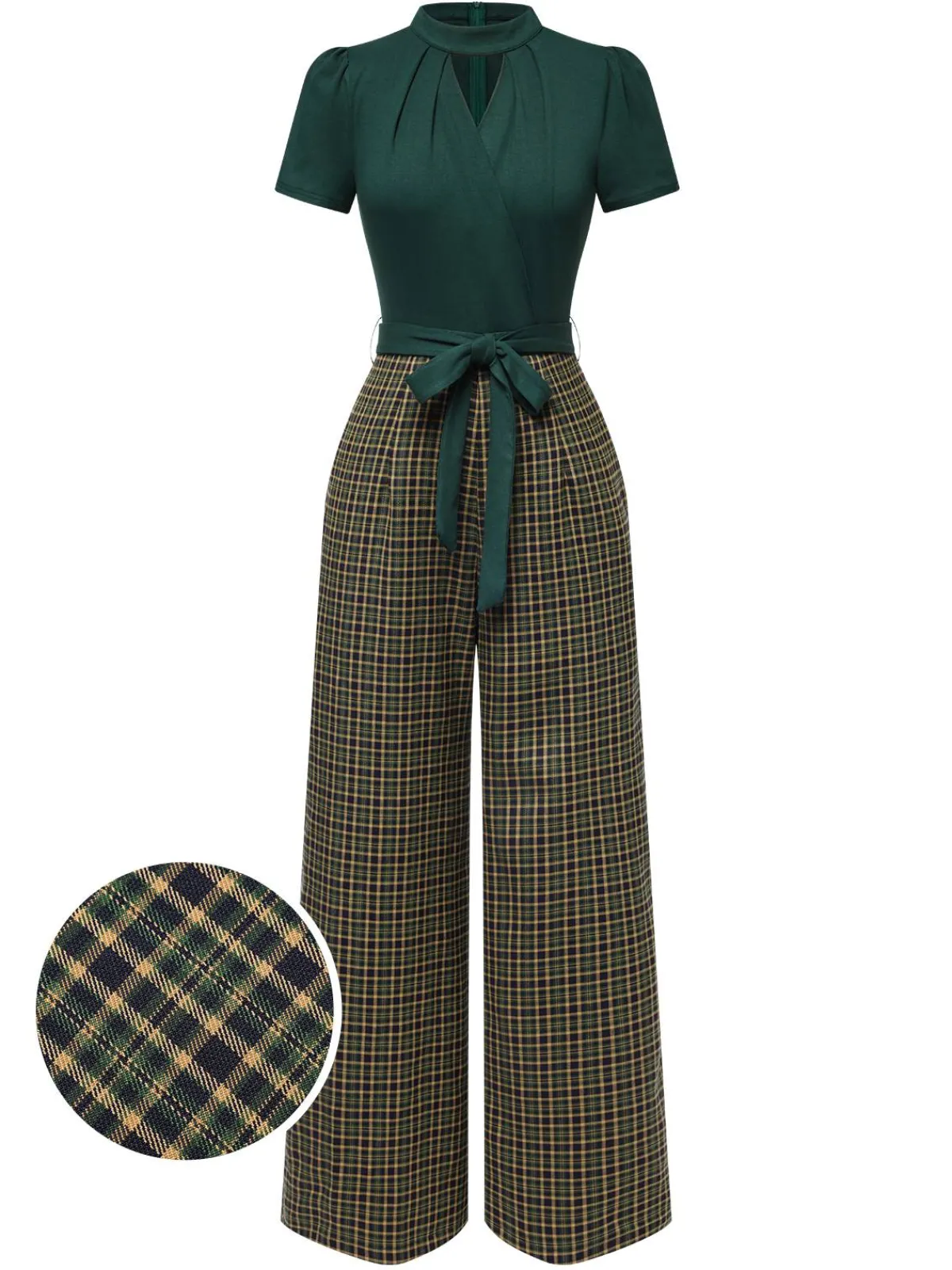 Hot Retro Stage Green 1930s Plaid Keyhole Neck Belted Jumpsuit