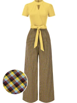 Hot Retro Stage Green 1930s Plaid Keyhole Neck Belted Jumpsuit