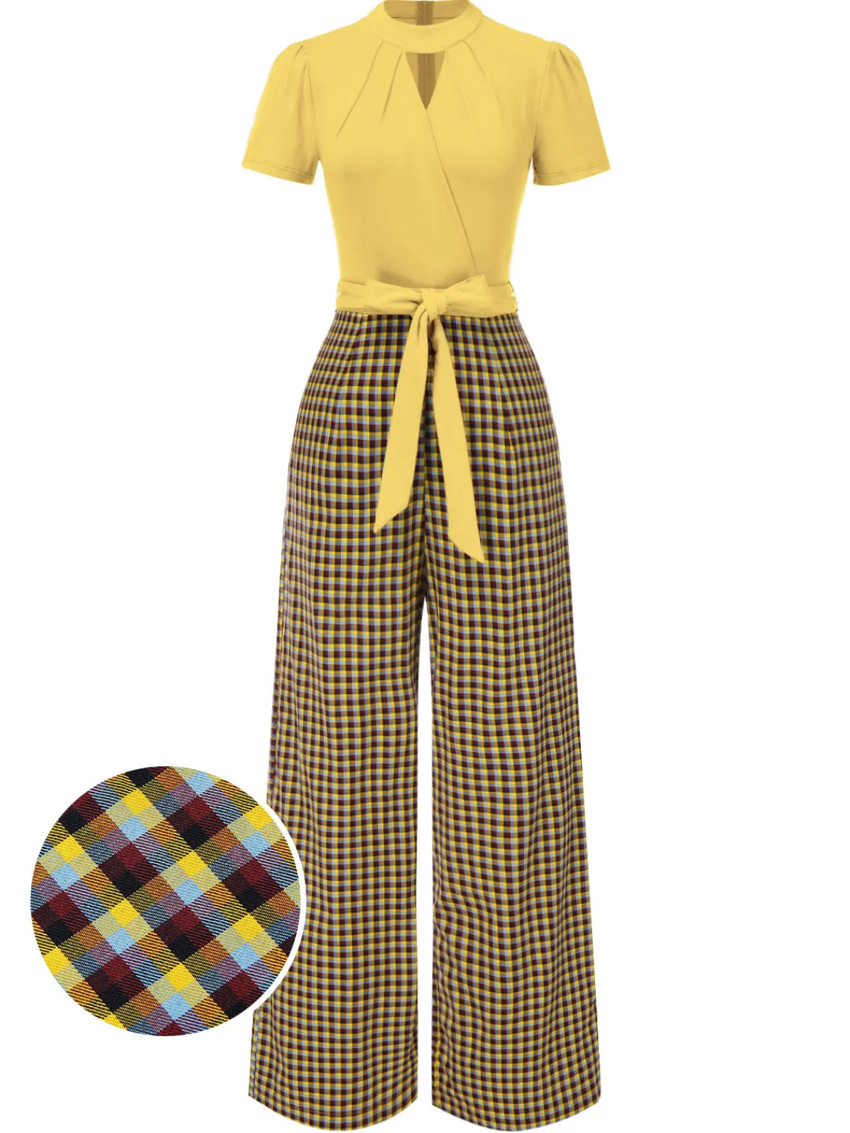 Hot Retro Stage Green 1930s Plaid Keyhole Neck Belted Jumpsuit