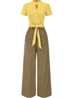Hot Retro Stage Green 1930s Plaid Keyhole Neck Belted Jumpsuit