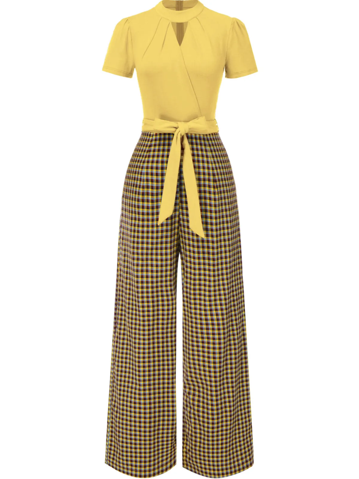 Hot Retro Stage Green 1930s Plaid Keyhole Neck Belted Jumpsuit