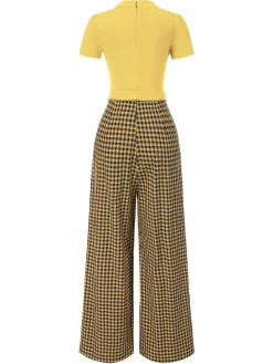 Hot Retro Stage Green 1930s Plaid Keyhole Neck Belted Jumpsuit
