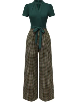 Hot Retro Stage Green 1930s Plaid Keyhole Neck Belted Jumpsuit