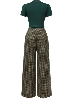 Hot Retro Stage Green 1930s Plaid Keyhole Neck Belted Jumpsuit