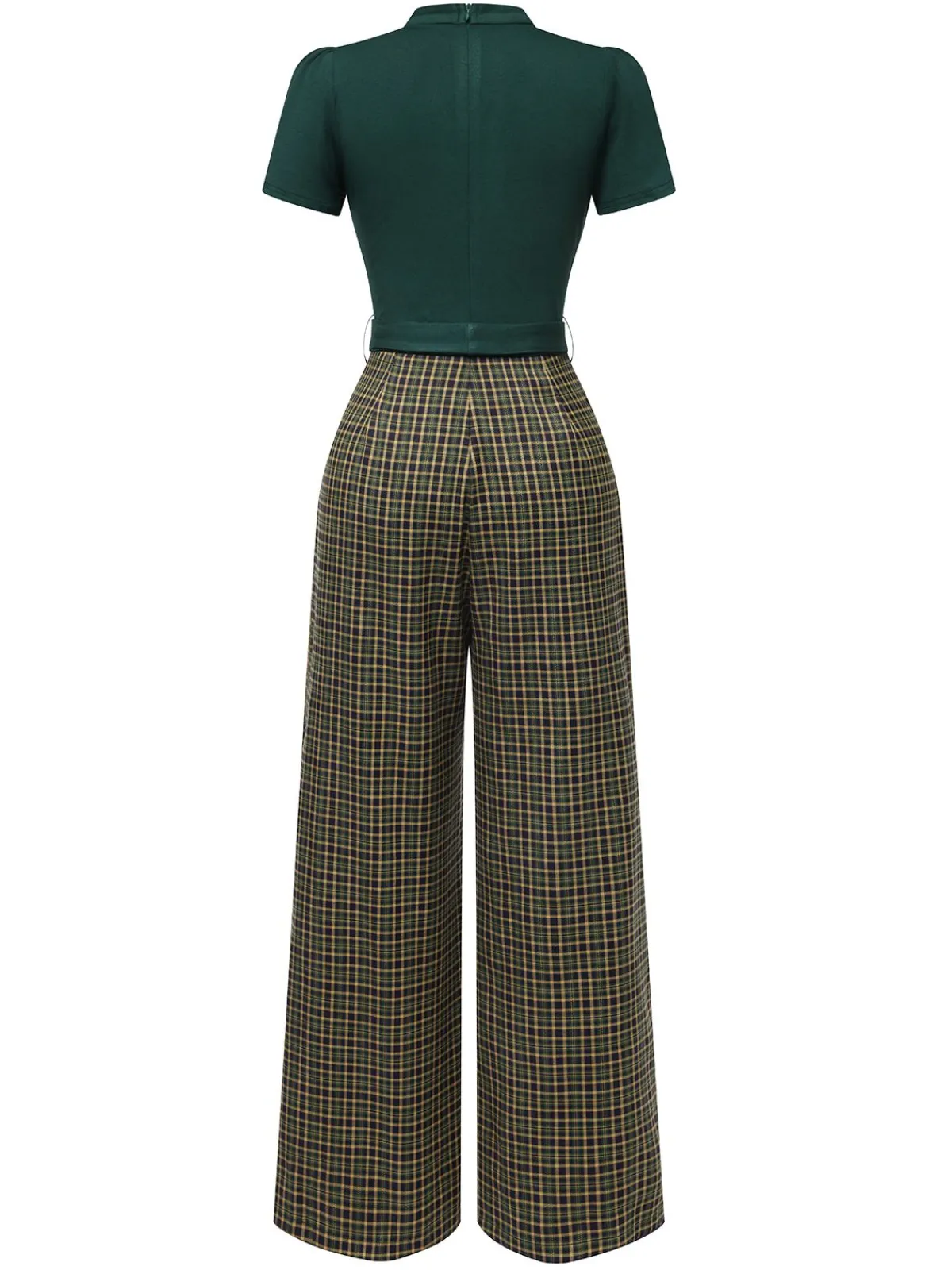 Hot Retro Stage Green 1930s Plaid Keyhole Neck Belted Jumpsuit