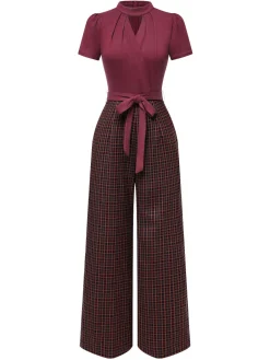 Hot Retro Stage Green 1930s Plaid Keyhole Neck Belted Jumpsuit