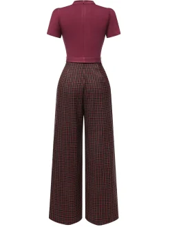 Hot Retro Stage Green 1930s Plaid Keyhole Neck Belted Jumpsuit