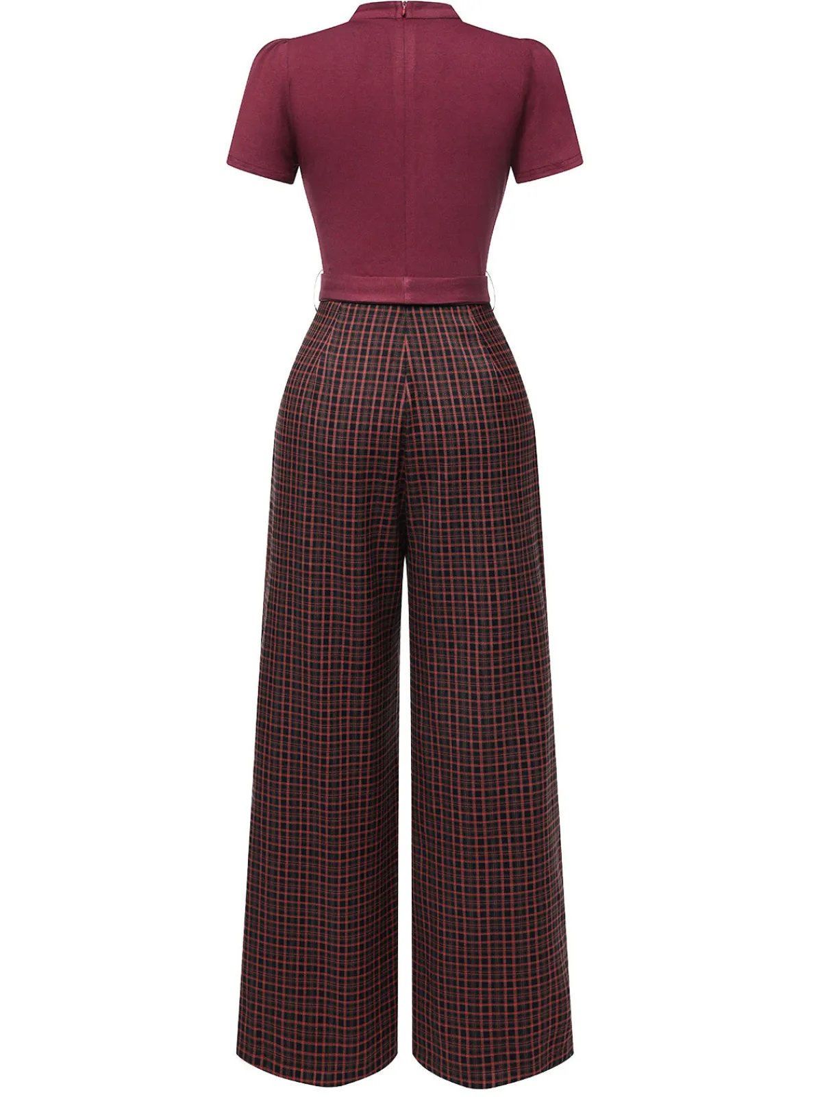 Hot Retro Stage Green 1930s Plaid Keyhole Neck Belted Jumpsuit