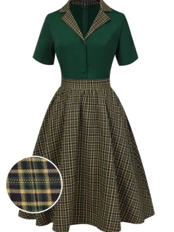 Outlet Retro Stage 1950s Plaid Patchwork Lapel Dress Green