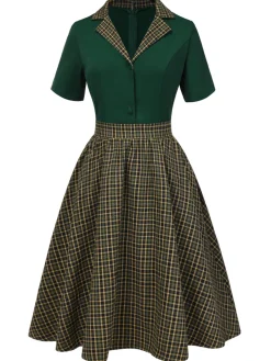 Outlet Retro Stage 1950s Plaid Patchwork Lapel Dress Green