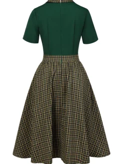 Outlet Retro Stage 1950s Plaid Patchwork Lapel Dress Green
