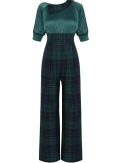 New Retro Stage Green 1930s Plaid Patchwork Puff Jumpsuit