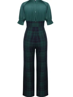 New Retro Stage Green 1930s Plaid Patchwork Puff Jumpsuit