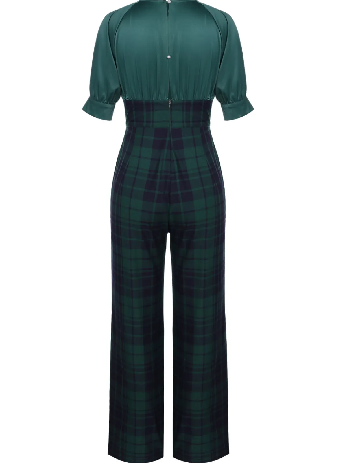 New Retro Stage Green 1930s Plaid Patchwork Puff Jumpsuit
