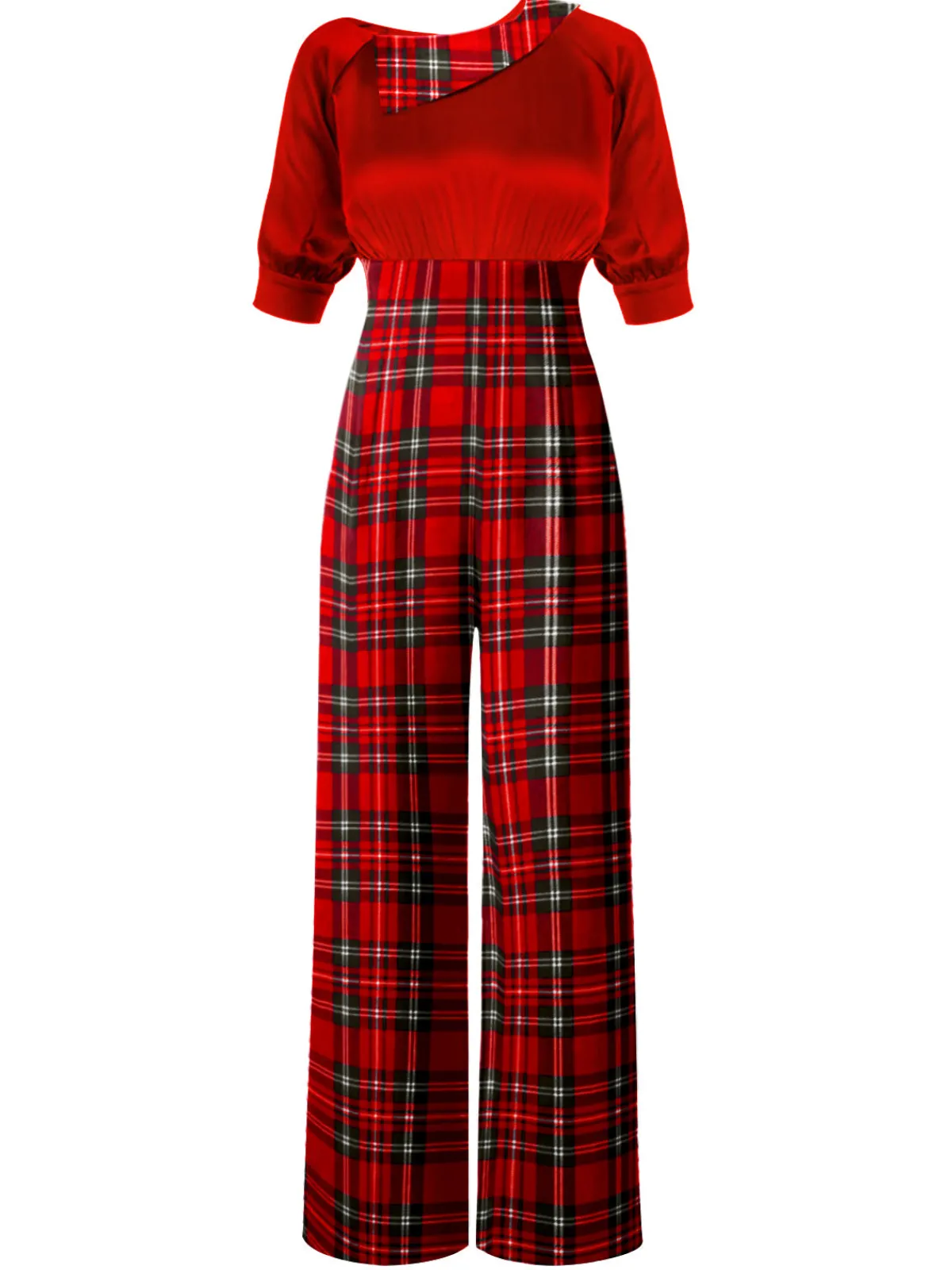 New Retro Stage Green 1930s Plaid Patchwork Puff Jumpsuit