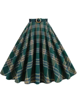 Sale Retro Stage 1950s Plaid Swing Skirt Green