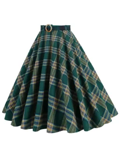 Sale Retro Stage 1950s Plaid Swing Skirt Green