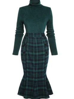 Fashion Retro Stage 1930s Plaid Turtleneck Fishtail Dress Green