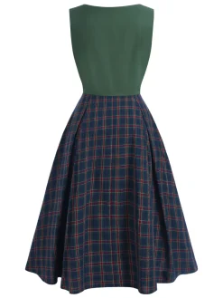Hot Retro Stage Green 1940s Plaids Patchwork Sleeveless Dress Dark Green