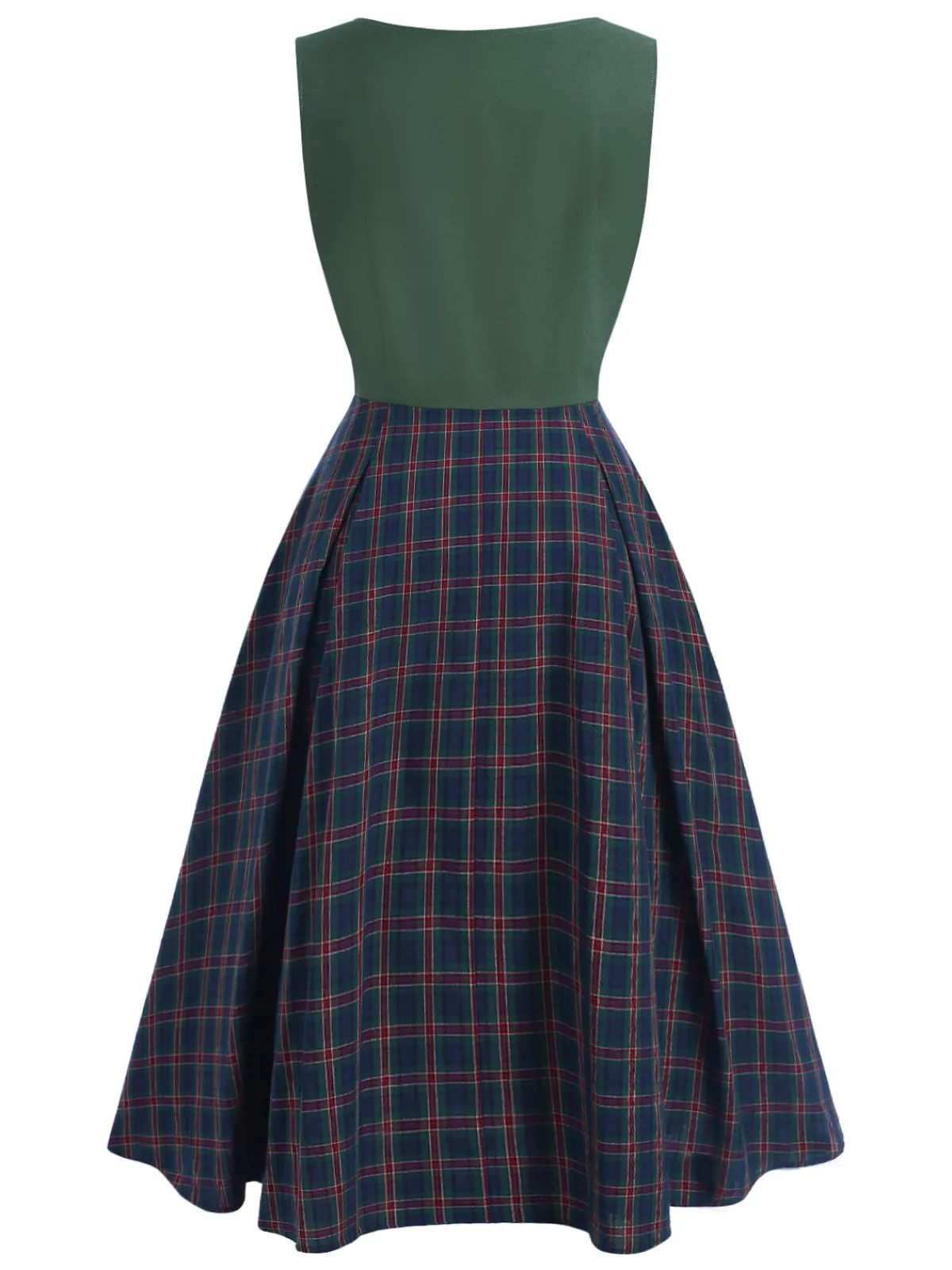 Hot Retro Stage Green 1940s Plaids Patchwork Sleeveless Dress Dark Green