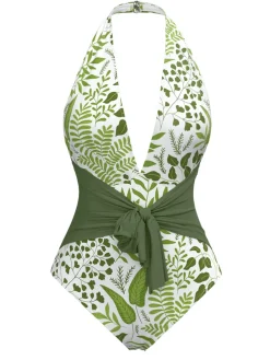 Hot Retro Stage 1960s Plant Print Halter One-Piece Swimsuit Green