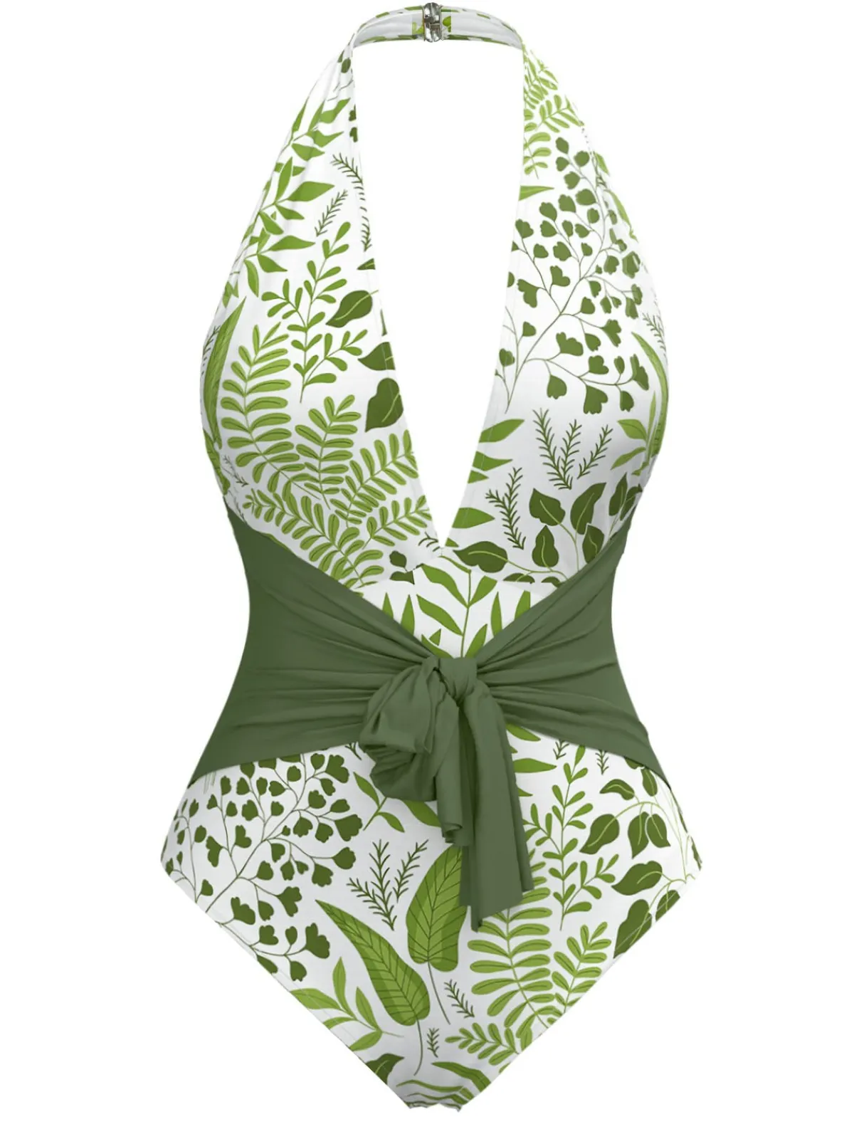 Hot Retro Stage 1960s Plant Print Halter One-Piece Swimsuit Green