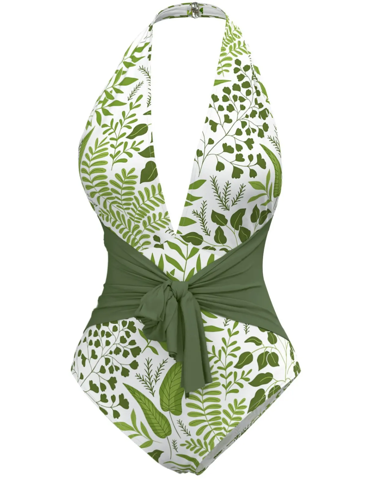 Hot Retro Stage 1960s Plant Print Halter One-Piece Swimsuit Green